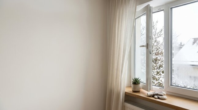 Open window in winter for home ventilation and fresh air. Cold weather airing with snowy view and copy space on white wall