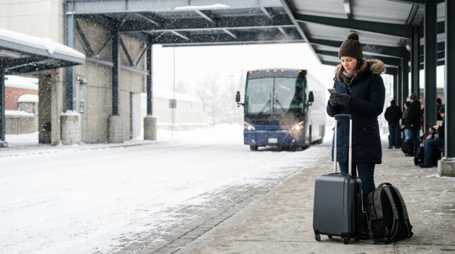 Woman waiting at a winter bus station in snowfall holding smartphone. Female traveler with suitcase and backpack during public transit delay