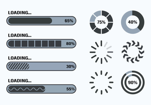 Minimalist digital loading progress bar and circular buffer icon set.