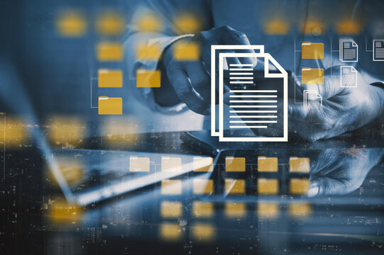Cloud File Storage and Data Hierarchy Concept with Yellow Folders and Document Icons Overlay.