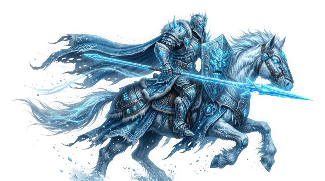 Fantasy ice knight riding a white horse with glowing blue armor and spear isolated on transparent background