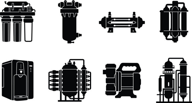 Water purification equipment vector icon set featuring reverse osmosis, filter housing, UV sterilizer, dispenser, and pressure pump.