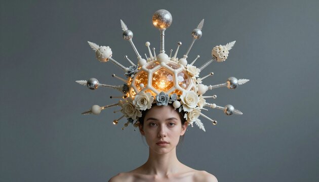 Ethereal Crown with Illuminated Floral and Geometric Elements on Model
