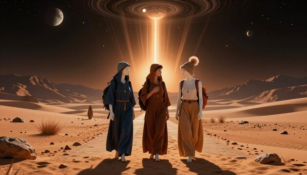 Three Travelers in Desert Under Cosmic Light