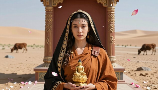 Monastic Figure in Desert Shrine with Buddha Statue