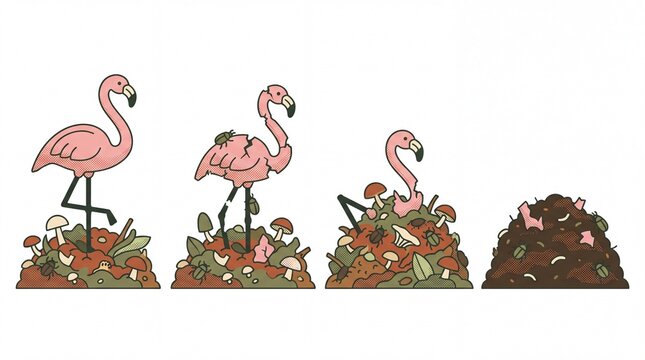 Plastic flamingo decomposition in compost heap vector illustration