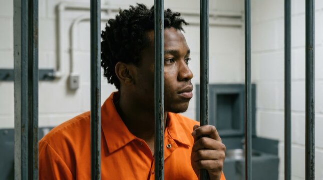 Serious young man in orange prison uniform resting hands on metal bars in detention cell interior