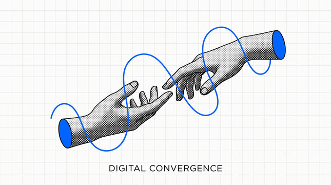 Digital convergence concept illustration with two hands reaching towards each other connected by a blue abstract wave line