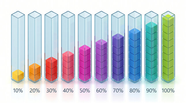 Set of 3d glass containers filled with colorful cubes representing percentage levels from 10 to 100 percent isolated on white background