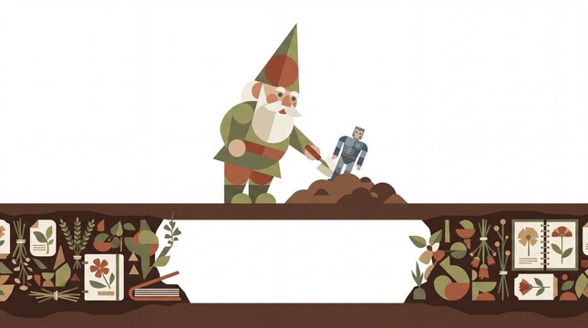Geometric gnome burying knight figure with botanical burrow cross-section vector