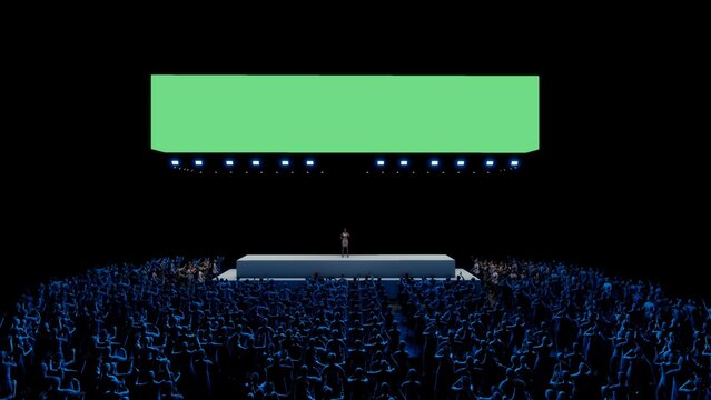 Concert Crowd with Blank Green Screen Banner Above Stage, 3D Render Live Event Mockup Background