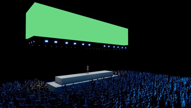 Concert Crowd with Blank Green Screen Banner Above Stage, 3D Render Live Event Mockup Background