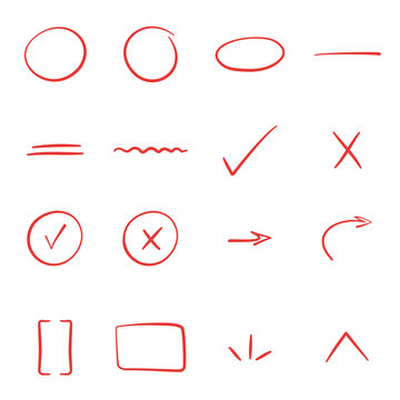 Red proofreading annotation marks. Hand drawn marks for correction and review.