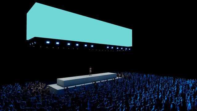 Concert Crowd with Blank Cyan Screen Banner Above Stage, 3D Render Live Event Mockup Background