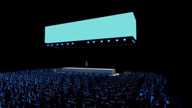 Concert Crowd with Blank Cyan Screen Banner Above Stage, 3D Render Live Event Mockup Background