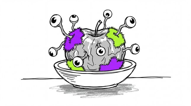 Naive hand-drawn vector illustration of a bizarre rotting with eyeballs and fuzzy patches in a bowl