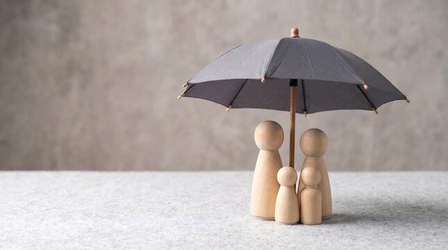 Wooden family figures under black umbrella, life insurance and family protection concept, secure financial planning for household