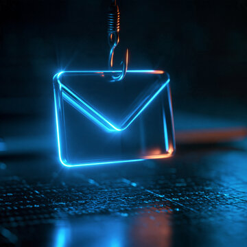 A glowing digital email icon hangs from a fishing hook in a dark environment. This illustrates a cybersecurity phishing attack concept.