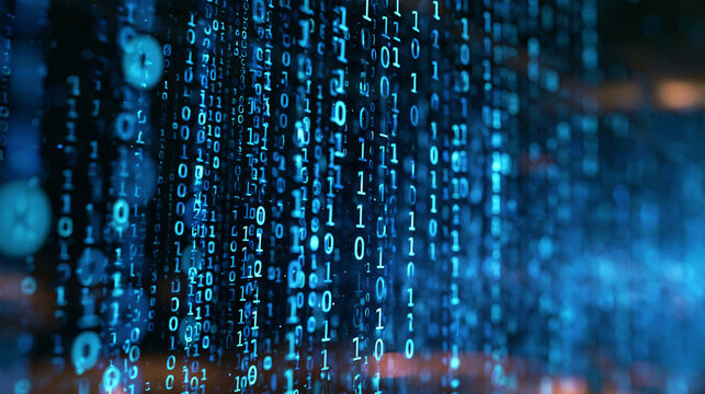 Glowing blue binary numbers fall vertically in a digital data stream. Perfect background for cybersecurity and technology business concepts.