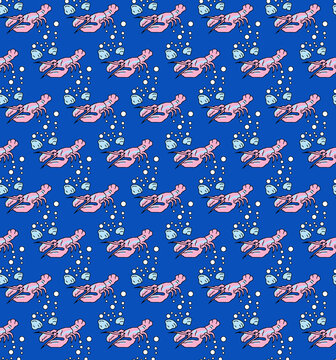Seamless pattern of pink lobsters on blue background with flowers