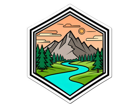 Hexagonal vintage adventure badge illustration of majestic rocky mountains, pine trees, and a winding river against sunset sky.