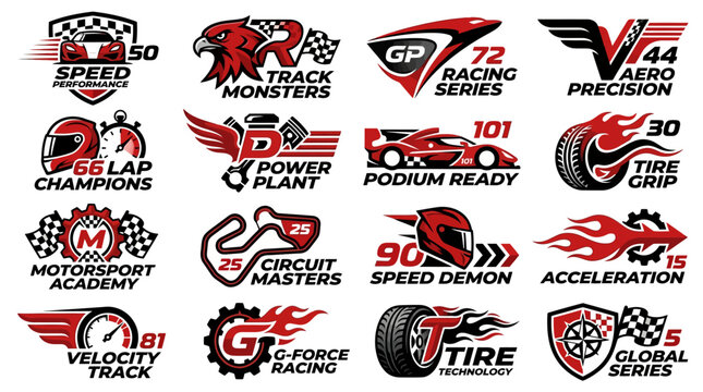 Racing team logo collection featuring speed icons checkered flags and performance gear for motorsport academy and auto racing branding vector badge design elements set of fifteen emblems
