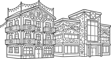 Fototapeta premium Stylized line art illustration of festive buildings decorated with banners, pretzels, and beer mugs, isolated on white.