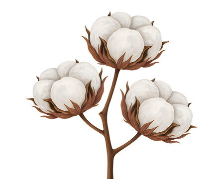 Detailed illustration of white cotton plant branches with fluffy bolls and brown stems isolated on transparent background