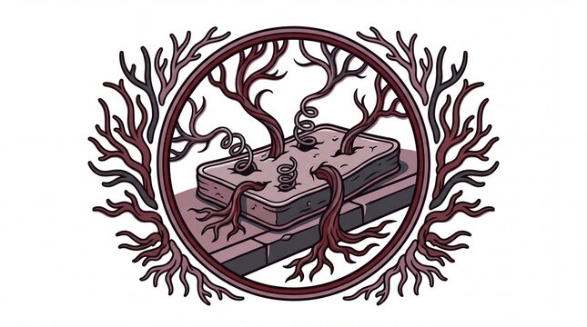 Discarded mattress with gnarled roots and coiling springs in a circular vector illustration frame