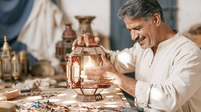 Smiling Artisan Adjusting Glowing Egyptian Lantern At Workbench