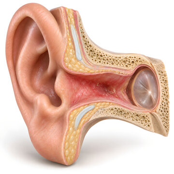 Otitis externa in the external ear canal, isolated medical 3D anatomy render showing moderate inflammation, swelling and narrowing for patient education, ENT care, and healthcare design