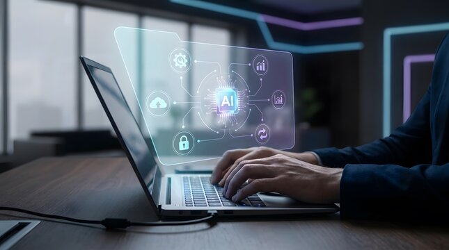 Laptop displaying artificial intelligence interface with connected icons and data streams