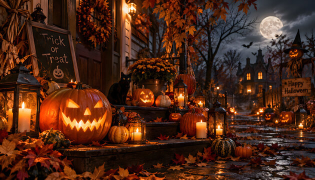 満月とジャックオーランタンが彩る幻想的なハロウィンの夜