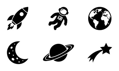 Space Icons Set: Rocket, Astronaut, Earth, Moon, Saturn, Comet, Cosmic Vector Graphics © Dhriti