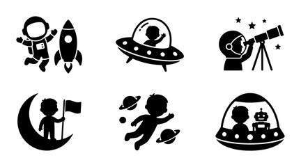 Space Exploration Icons: Astronauts, Rockets, UFOs, Planets, Moon Landing, Sci-Fi Vector Set © Dhriti