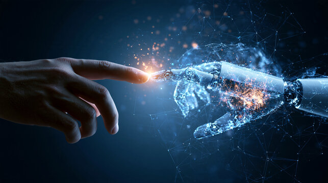 A human finger touches a robotic hand with digital glowing particles. This image represents the future of artificial intelligence and human machine connection.