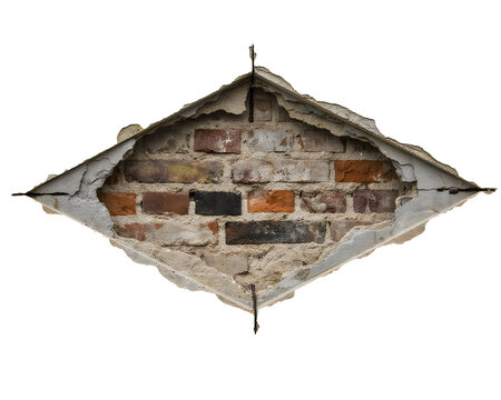 Torn paper revealing a brick wall background with crumbling edges and realistic texture isolated on transparent background