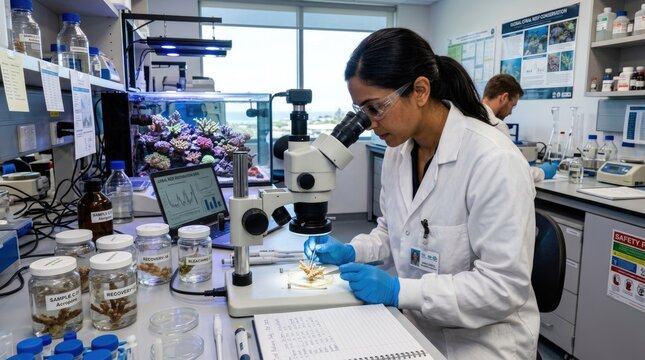 Female Marine Scientist Analyzing Coral Specimen Under Microscope in Conservation Laboratory