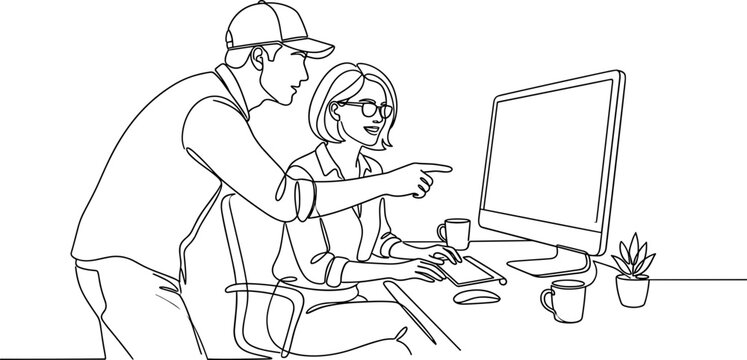 A line art drawing shows a man and a woman looking at a computer screen together in an office.