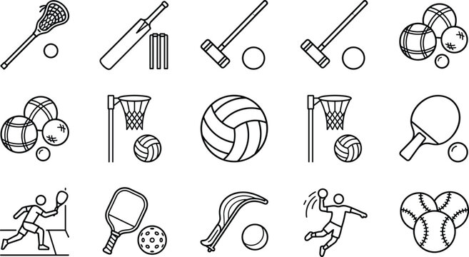 Set of black and white line icons representing various sports equipment and games