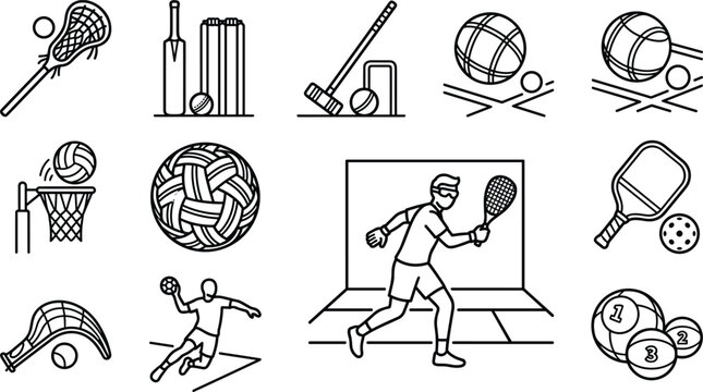 Collection of outline vector icons depicting popular sports equipment and competitive games