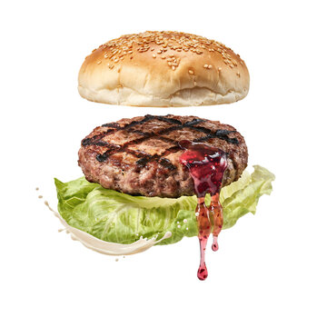 Burger ingredients float in midair against a clean transparent background.