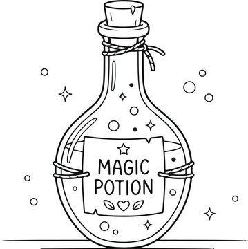 Vintage-style bottle labeled magic potion with decorative ribbon and floating stars in minimalist illustration