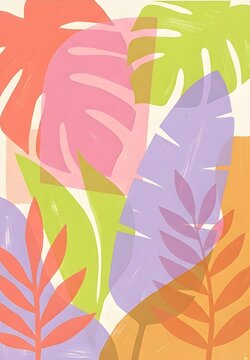 Vibrant Abstract Tropical Leaf Composition with Bold Geometric Shapes and Warm Gradient Colors for Modern Art Design