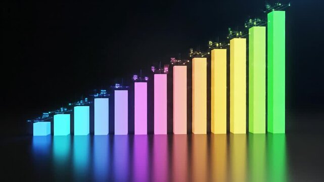 Colorful 3D bar chart showing data on a dark reflective surface
