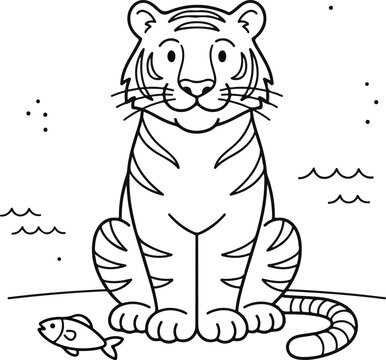 Cartoon tiger sitting calmly beside a fish in a minimalist outdoor setting with clean white background