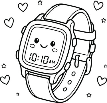 Cute digital wristwatch with a smiling face character in a black and white coloring page style