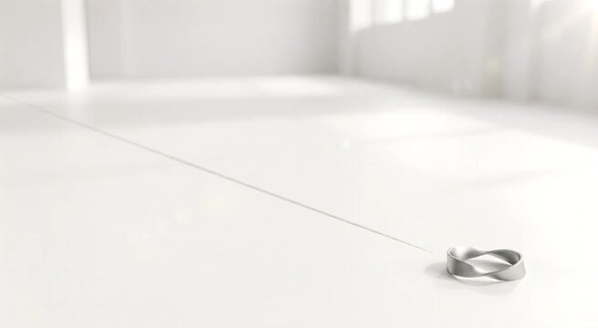 Extreme minimalist light art: sleek matte titanium silver ribbon loop sculpture under a single razor-sharp sunlight shadow line with over 80% copy space.