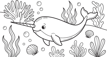 A cute narwhal swimming in the ocean, surrounded by coral, seaweed, and seashells, black and white line for children coloring book page, simple cartoon style for kids also transparent background © Pixel With MH