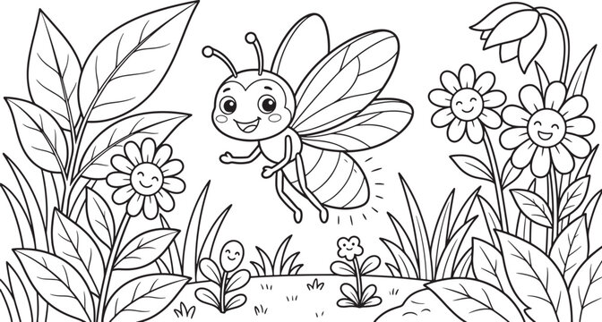 A happy firefly flying in a garden with flowers and plants, black and white line for a children's coloring book activity page for creative expression and learning about also transparent background